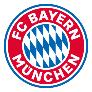 Partial view of the FC Bayern München logo showing the red ring, blue border, and white and blue diamond center.