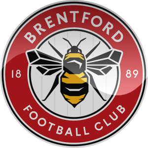 Brentford Football Club badge featuring a bee at center inside a red ring with 'BRENTFORD' and 'FOOTBALL CLUB' text, 1889 on sides.