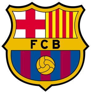 Barcelona FC crest: shield with gold border, left white and red cross, right red and yellow vertical stripes, 'FCB' text in the center and a football at the bottom.